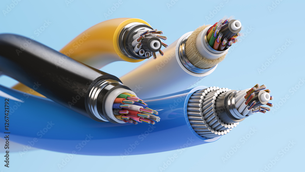 Poster fiber optical internet cable of various types. cross section layers structure of fiber cables.