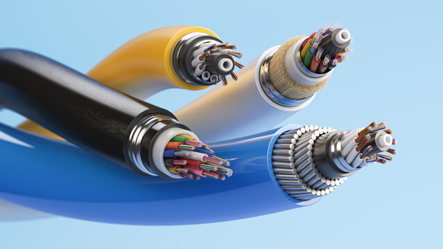 Fiber optical internet cable of various types. Cross section layers structure of fiber cables.