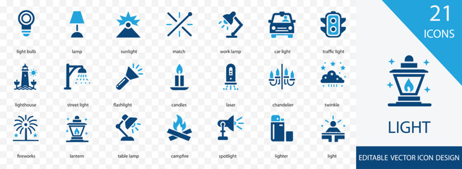 Light solid icon set. containing light bulb, lantern, lighthouse, street light, chandelier and more vector design  