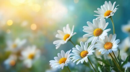 Fototapeta premium Blurred. White bright daisy flowers on a background of the summer landscape. Wildflowers outdoors