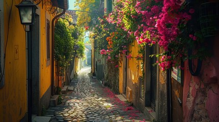 Fototapeta premium Charming sunlit cobblestone alley lined with colorful flowers, rustic shutters, and warm golden light creating a serene and picturesque atmosphere.
