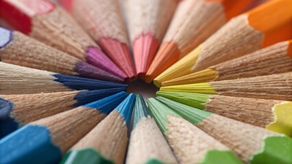 Color Symphony:  A vibrant spectrum of colored pencils arranged in a mesmerizing circle, their sharpened tips pointing inwards like a kaleidoscope of possibilities.