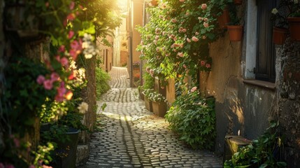 Fototapeta premium Charming sunlit cobblestone alley lined with colorful flowers, rustic shutters, and warm golden light creating a serene and picturesque atmosphere.