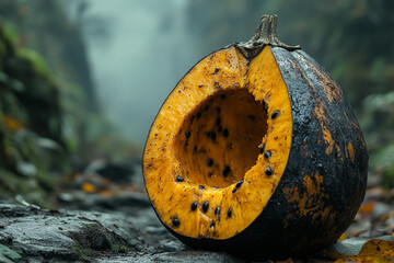 Halved Squash Portrait, A Hollowed Gourd on a Forest Floor