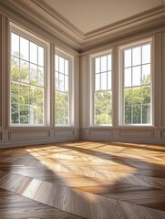 Fototapeta premium Sunlit Room with Herringbone Floor and Large Windows-standard v2-4x