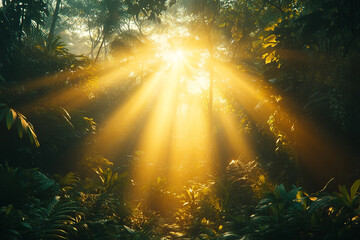 Golden Canopy, Sunlight Shimmers Through Verdant Jungle Foliage