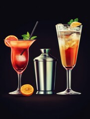 Various cocktail set with shaker on a dark background