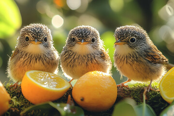 A trio of adorable fledglings perched amongst juicy citrus fruits