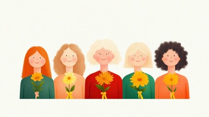 Fototapeta premium Diverse women holding sunflowers, showcasing friendship and positivity in a colorful, cheerful illustration with a soft background