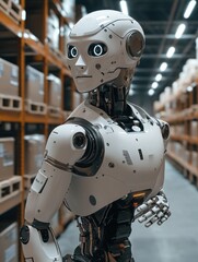 Fototapeta premium humanoid or android robot working in a warehouse, concept of ai and work efficiency
