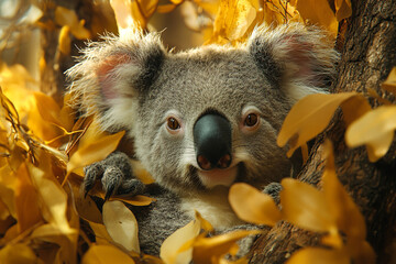 Golden Canopy, A Curious Koala Peeking Through Autumn Leaves