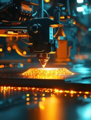 Fototapeta premium Industrial 3D printer working on a hot metal plate. High-tech manufacturing process. Precision robotic arm manipulating glowing material.
