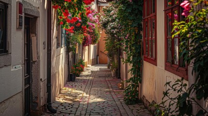 Fototapeta premium Charming sunlit cobblestone alley lined with colorful flowers, rustic shutters, and warm golden light creating a serene and picturesque atmosphere.