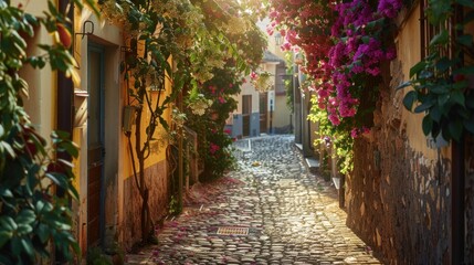 Obraz premium Charming sunlit cobblestone alley lined with colorful flowers, rustic shutters, and warm golden light creating a serene and picturesque atmosphere.