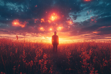 Contemplation Under a Fiery Cosmic Sky in a Meadow of Dreams