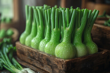 Crisp spring onions in a rustic wooden crate ready for market
