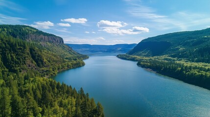 A wide river in the Pacific Northwest wilderness, with rapids and rocky banks, surrounded by lush green forests under a blue sky