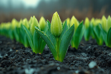 Emergent Tulip Row, Dew-Kissed Buds in Verdant Array on Tilled Soil