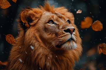 Majestic Lion's Gaze Amidst Autumnal Whispers and Gentle Snowfall