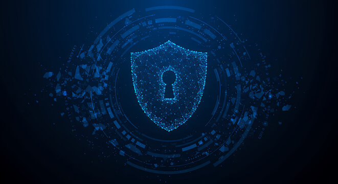 ** Digital Shield Security: Cyber Protection & Data Privacy Mesh. Keyhole Lock Safety, Network Safety with abstract tech background