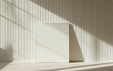 Fototapeta premium Minimalist white blank canvas standing against a textured wall with soft sunlight and shadows in a modern interior for art mockup and branding design
