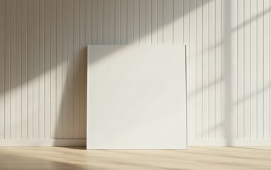 White blank canvas leaning on a neutral wooden floor against a textured wall with soft shadows and natural light for a minimalist art mockup and interior design concept