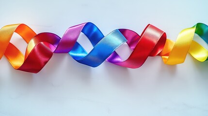 Rainbow ribbons swirl on white, festive background; celebration, party, design