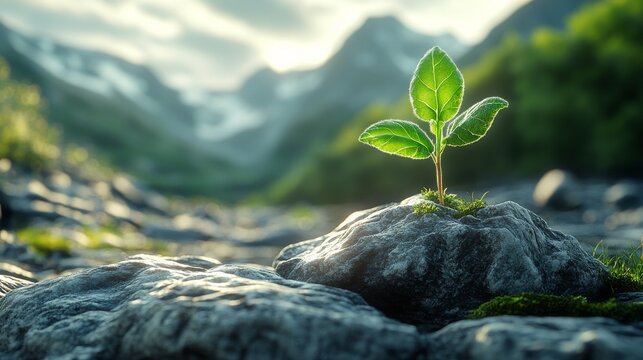 Young sprout growing from rock in mountain valley at sunrise.