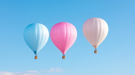 Obraz premium Three pastel hot air balloons in blue, pink, and white float gracefully in a clear blue sky during a bright sunny day.