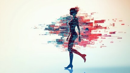 Fototapeta premium Woman Dissolving into Colorful Data Streams