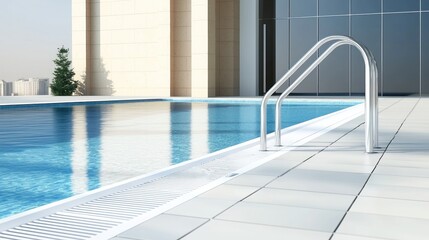 Fototapeta premium Modern rooftop pool with city view and metal handrails