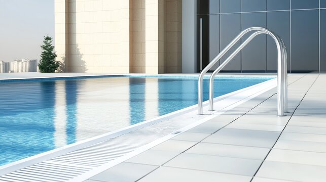 Modern rooftop pool with city view and metal handrails
