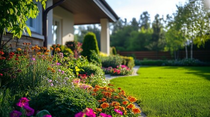 Beautiful home garden with green grass and colorful flowers in the front yard of the house, a springtime landscape design with flower beds and shrubs for a real estate photo