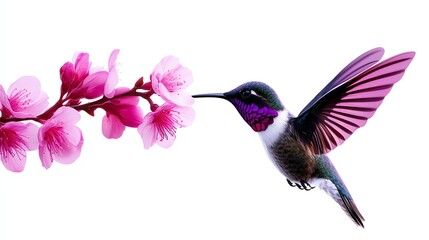 Naklejka premium a hummingbird in flight, sipping nectar from spring flowers, photorealistic digital art, vivid colors, isolated on white background