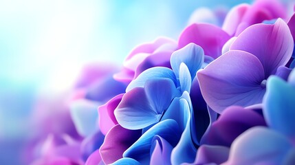 Blooming hydrangeas, lush blue and purple petals in sunlight, 3D illustration