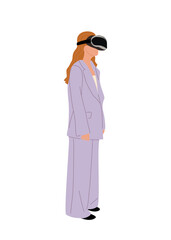 Young business woman in virtual reality headset. Pretty girl wearing digital glasses travel in metaverse. Modern technologies. Flat Vector illustrations isolated on transparent background.