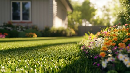 Beautiful home garden with green grass and colorful flowers in the front yard of the house, a springtime landscape design with flower beds and shrubs for a real estate photo