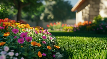 Beautiful home garden with green grass and colorful flowers in the front yard of the house, a springtime landscape design with flower beds and shrubs for a real estate photo