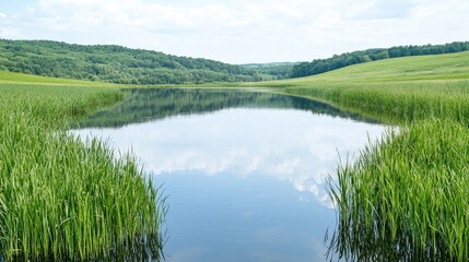 Obraz premium Calm lake surrounded by lush green reeds and rolling hills under a cloudy sky during daytime.