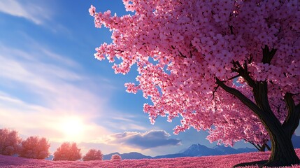 Blooming trees, soft sunlight filtering through leaves, 3D illustration