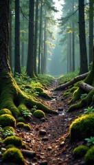 Muddy forest floor with fallen trees and moss, foliage, terrain, forest