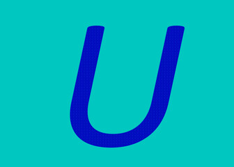 English Letter U With Capital English Letter Or Uppercase in Green Color Isolated On Blue Background. This English Text Used For Education Purpose. English Language Text U English Language Alphabet U.