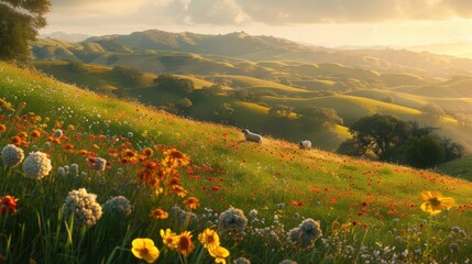 Fototapeta premium Scenic wildflower meadow with colorful blooms, rolling green hills, grazing sheep, and a bright sky with fluffy clouds on a sunny day.