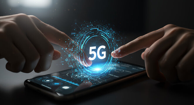 5G Revolution: Connect Faster! Future Tech on Smartphone, High Speed Mobile Network. Hands Touching Screen, Data & Digital Innovation.