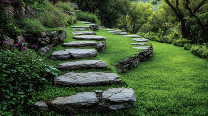 A stone path with a grassy hillside