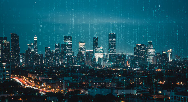 Digital Cityscape: Futuristic Metropolis with Binary Code Overlay - Data, Technology, Innovation
