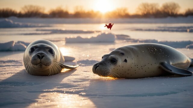 Two seals resting on icy terrain with a sunset in the background.
