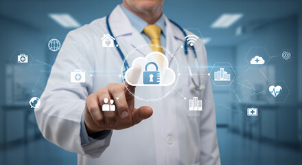 Healthcare Cloud Security: Doctor Touching Secure Cloud Icon. Digital Health, Technology & Data Protection in Medicine!