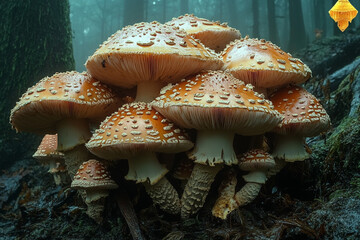 Cluster of Spotted Mushrooms in a Mystical Forest Ambiance