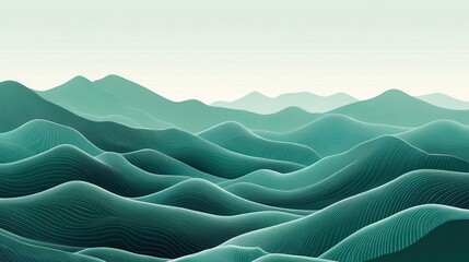 Abstract landscape mountain on Green background. Line art wallpaper design with hills in white wave line. Hand drawn panorama view of mountains suitable for cover, banner, decoration, poster.